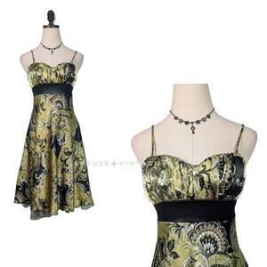 Vintage Y2K Mini Slip Dress Satin Paisley Floral Empire Sleeveless Green Black 3